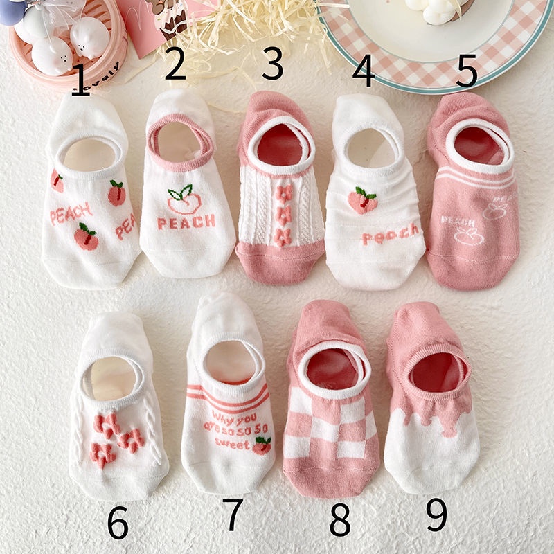 Vớ cotton Cổ Thấp In Họa Tiết Hoạt Hình Màu Hồng Đào Dễ Thương Phong Cách Hàn Quốc Thời Trang Mùa Hè Cho Nữ