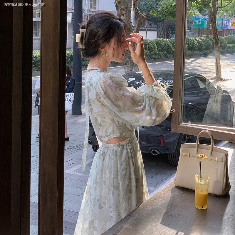 Đầm Dài Cổ Chữ v Tay Dài In Họa Tiết Hoa Phong Cách Pháp Thời Trang Mùa Thu Mới Dành Cho Nữ 2021