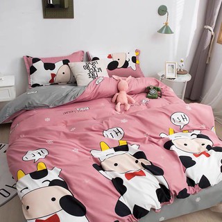 Set 4 món bộ ga gối poly nhập cao cấp_mẫu bò sữa hồng