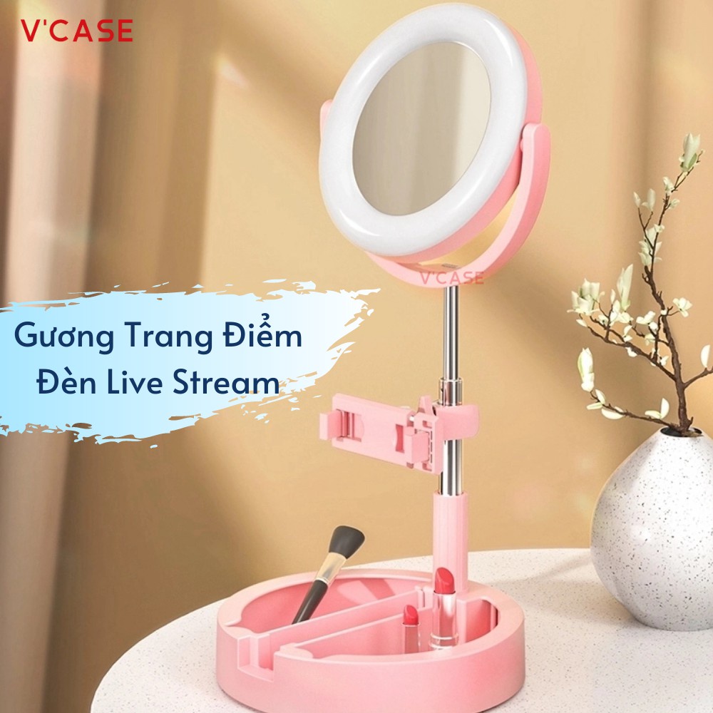 (ẢNH THẬT) Gương Tròn Trang Điểm Có Đèn Led Trợ Sáng, ĐÈN LIVE, 3 Màu, Tăng Giảm Chiều Cao, Gấp Gọn, Livestream, Tiktok,