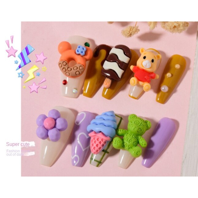 Đồ trang sức móng tay 12 CÁI / Đồ trang sức móng tay 3D Net Red Donut / đồ trang sức gấu hoạt hình