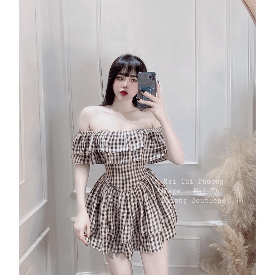 SÉT ĐẦM CARO TRỄ VAI PHỐI QUẦN LÓT TRONG KHÔNG SỢ LỘ TÔN DÁNG SÁNG DA