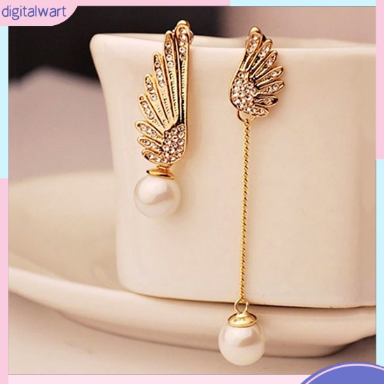 Khuyên tai bất đối xứng hình đôi cánh thiên thần đính hạt ngọc trai nhân tạo xinh xắn sang trọng cho nữ