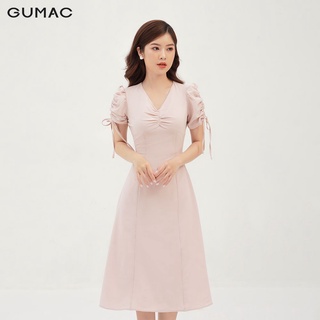 Đầm nữ dáng chữ A nhún ngực và tay GUMAC màu hồng sang trọng DB322