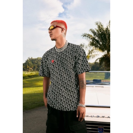 Áo thun tay lỡ Mike Tim Đỏ In Kín Mẫu Monogram 2 rộng đẹp HARIQUEEN - Áo phông nam nữ unisex kiểu hàn quốc vải cotton