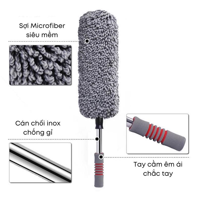 Chổi Lau Nhà - Cây Lau Xe Ô Tô [CAO CẤP] Sợi Microfiber siêu mềm mại, Xoay Tròn 360 Độ, Điều Chỉnh Độ Dài