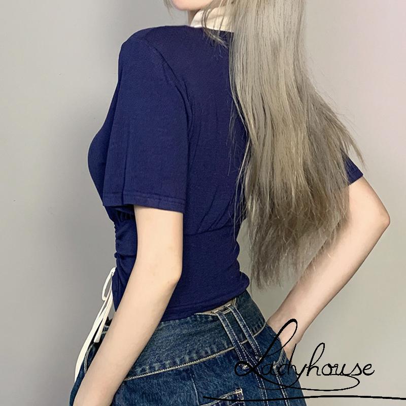 Áo Thun Croptop Tay Ngắn Cổ Chữ V Phối Dây Rút Thời Trang Mùa Hè Cho Nữ