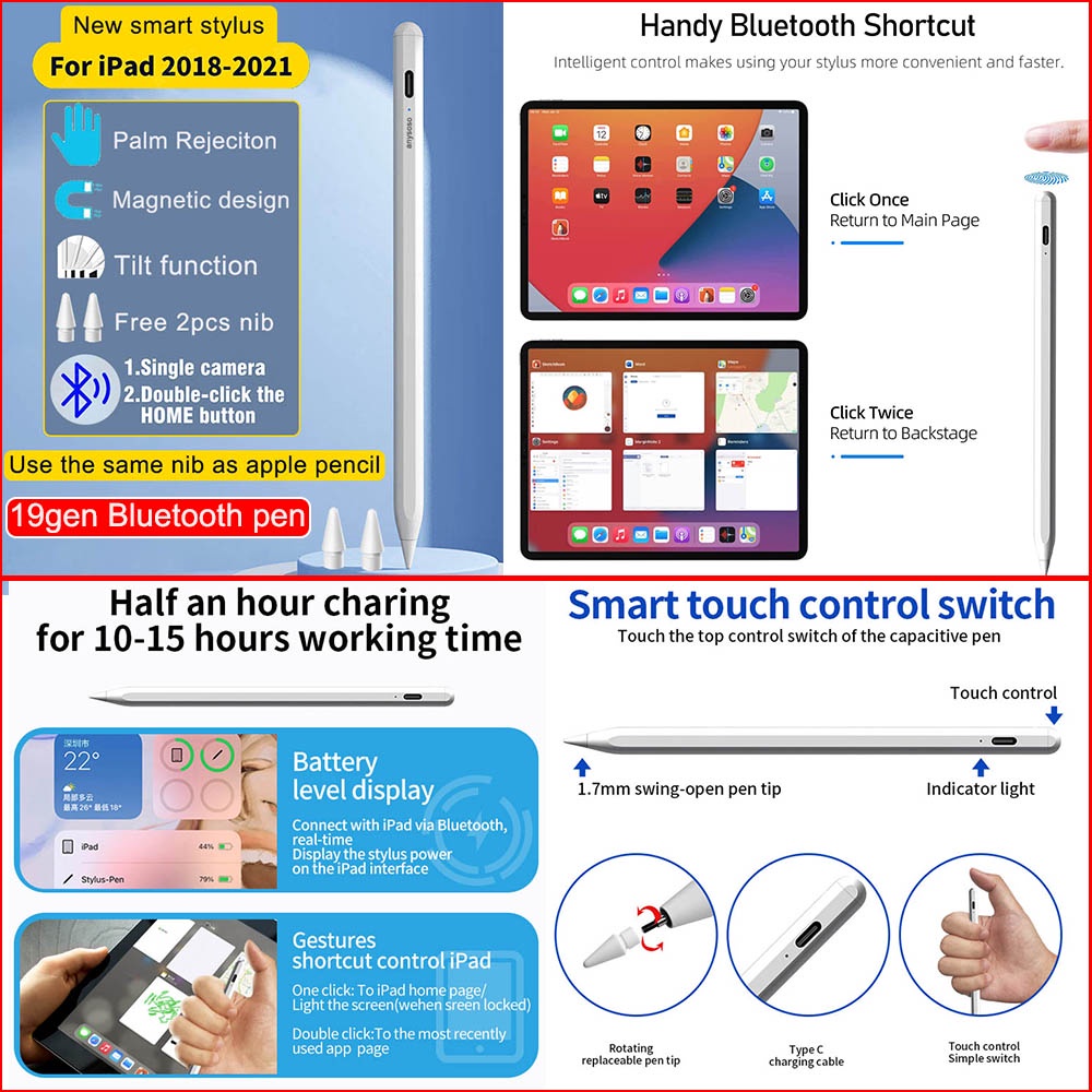 Bút Cảm Ứng Thông Minh Stylus 19th Kết Nối Bluetooth Có Chức Năng Màn Hình Và Đèn Led ​Bao Da Máy Tính Bảng Cho Pad 2018-2022