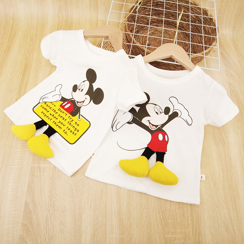 Áo Thun 100% Cotton Tay Ngắn In Hình Mickey 3D Hoạt Hình Thoáng Khí Dành Cho Trẻ Em