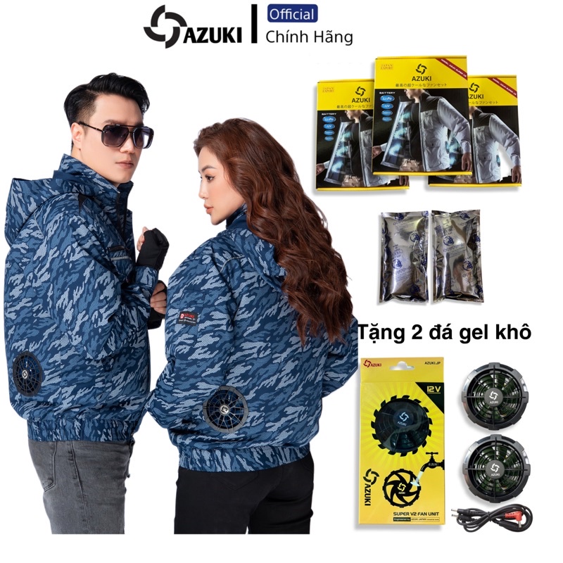 Áo Quạt Gió Điều Hoà Nhật Bản AZUKI SUPER V2 Chất Lượng Quạt 12V Siêu Mạnh Pin 24000mah Có Đèn Chiếu Sáng [Tặng 2Đá Khô]