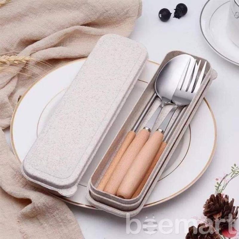 Bộ thìa dĩa đũa hộp lúa mạch - set 3 món tiện lợi