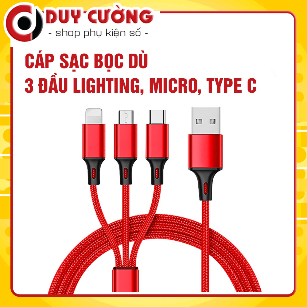 Cáp Sạc Bọc Dù - kết nối 3 Đầu Lighting, Micro, Type C dây sạc đa năng - Chỉ Sạc, Không truyền Dữ Liệu