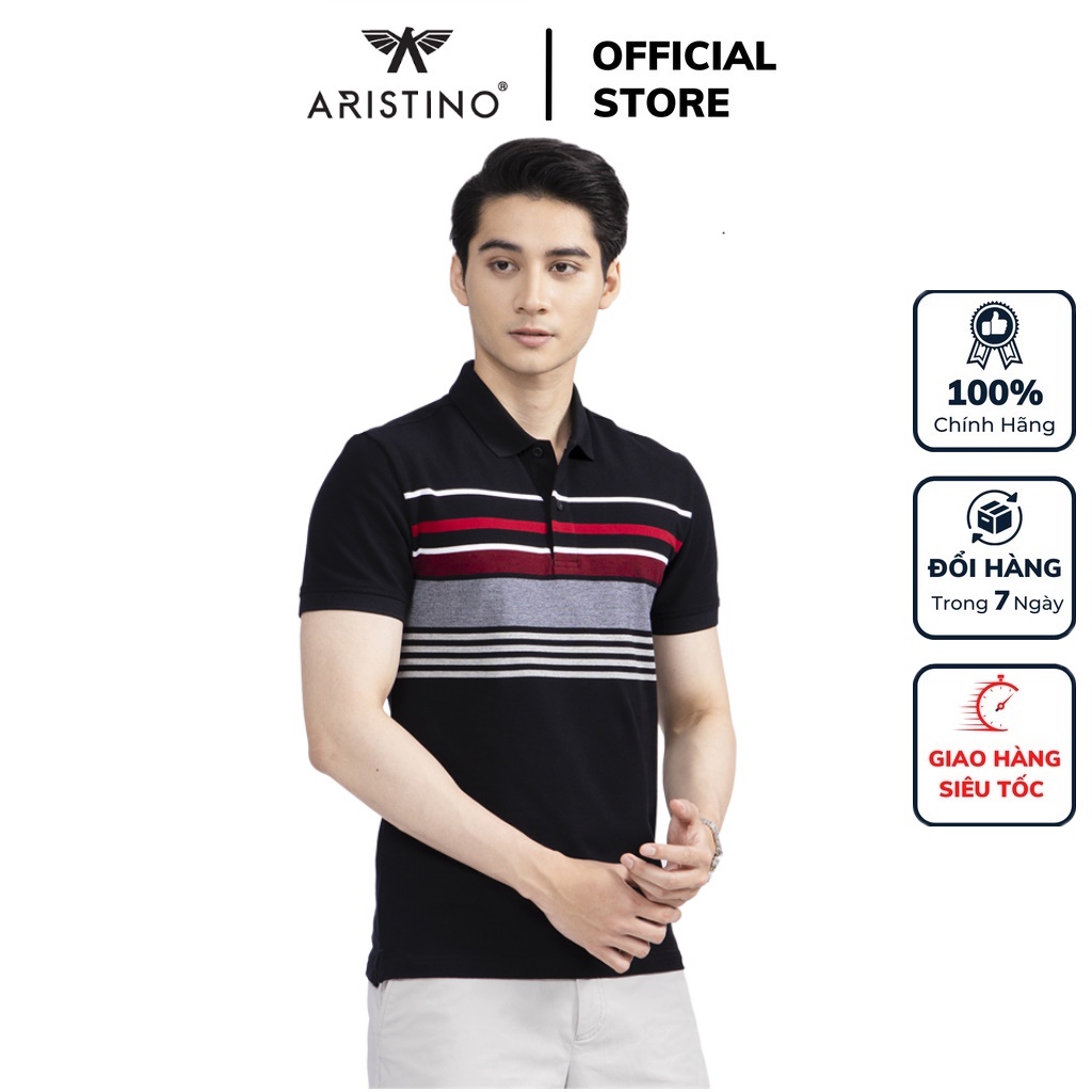 Áo thun polo nam Aristino APS134S2 phông ngắn tay cổ bẻ dáng slim fit ôm nhẹ màu đen kẻ vải cotton cao cấp