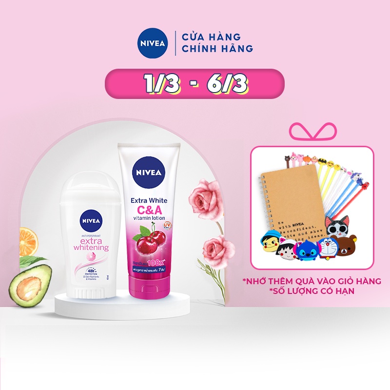 Bộ đôi dưỡng da đều màu,  mờ đốm nâu &amp; thâm sạm NIVEA: Dưỡng thể  Vitamin C&amp;A 180ML &amp; Sáp ngăn mùi mờ vết thâm 40ML