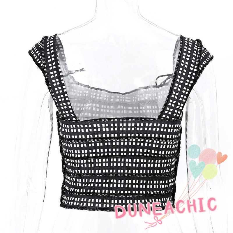 DUNEA Áo Tank Top Hai Dây Hở Lưng Họa Tiết Sọc Caro Thời Trang