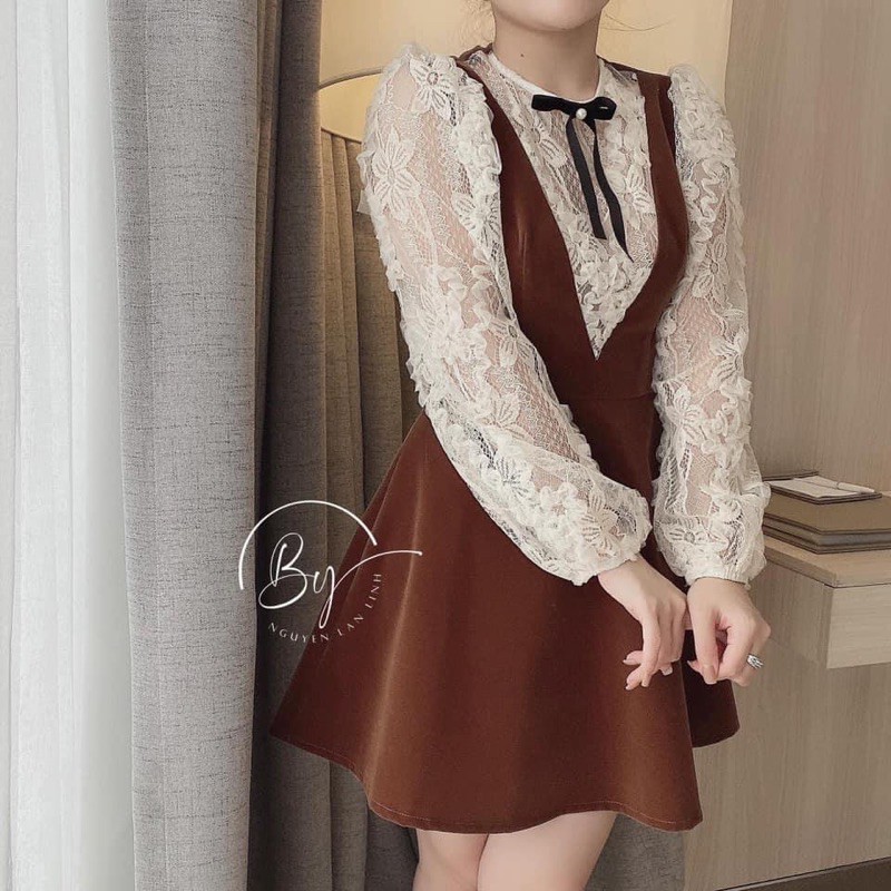 VÁY NHUNG PHA REN HOA NỔI CỔ NƠ