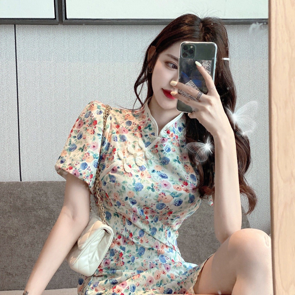 Sườn xám cách tân thiết kế in họa tiết hoa thời trang mùa hè 2021 cho nữ