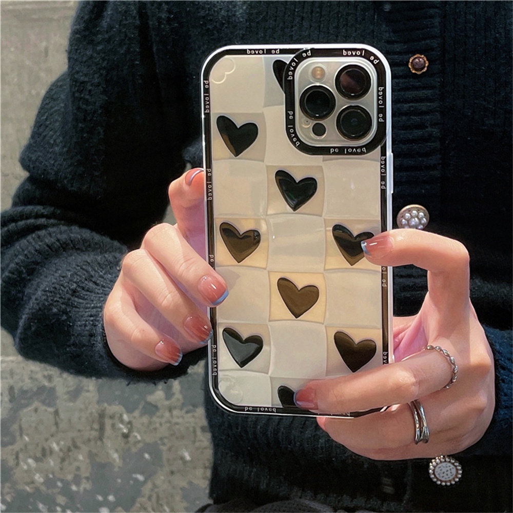 Ôp Điện Thoại tpu Dẻo Tráng Gương Họa Tiết Trái Tim Màu Trắng Đen Cho iphone 13 12 11 pro max x xr 8 7 plus Ốp