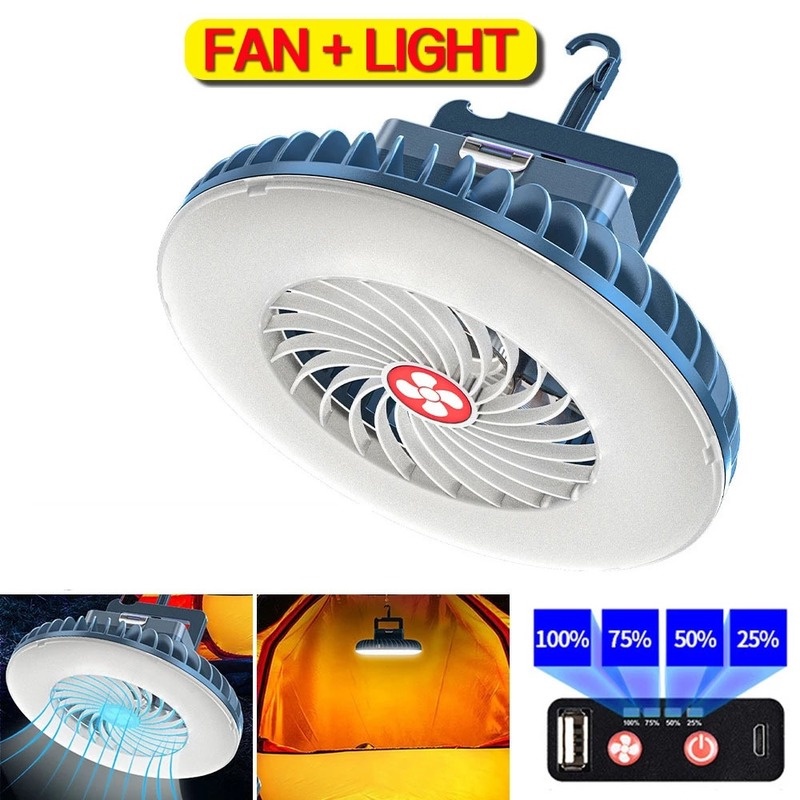 Quạt Cắm Trại Khẩn Cấp 2 Trong 1 Siêu Sáng Có Đèn LED Sạc USB Chống Nước Có Thể Treo Được