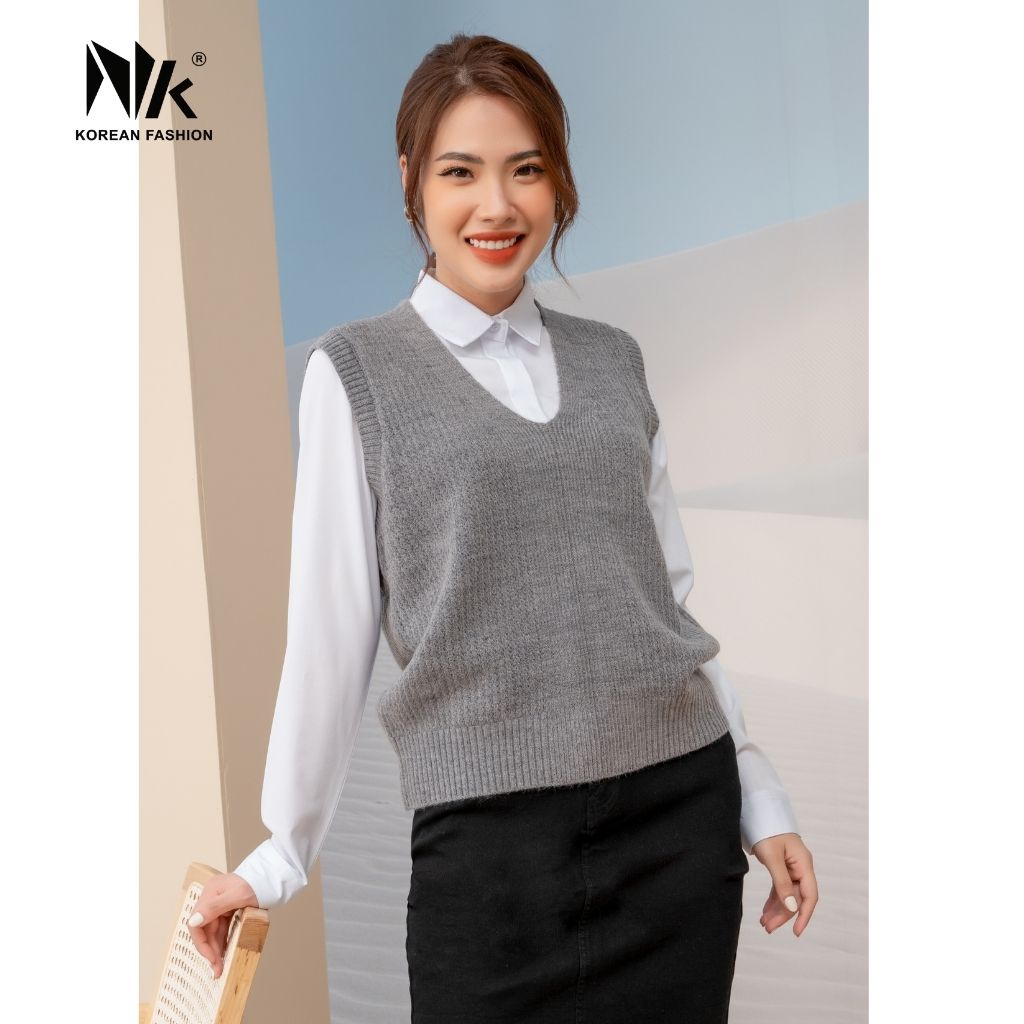 Áo Gile Len Nữ NK Fashion Thiết Kế Cổ Tim Trơn Màu Phong Cách Hàn Quốc, Chất Liệu Len Mềm Mịn NKFAL2109009