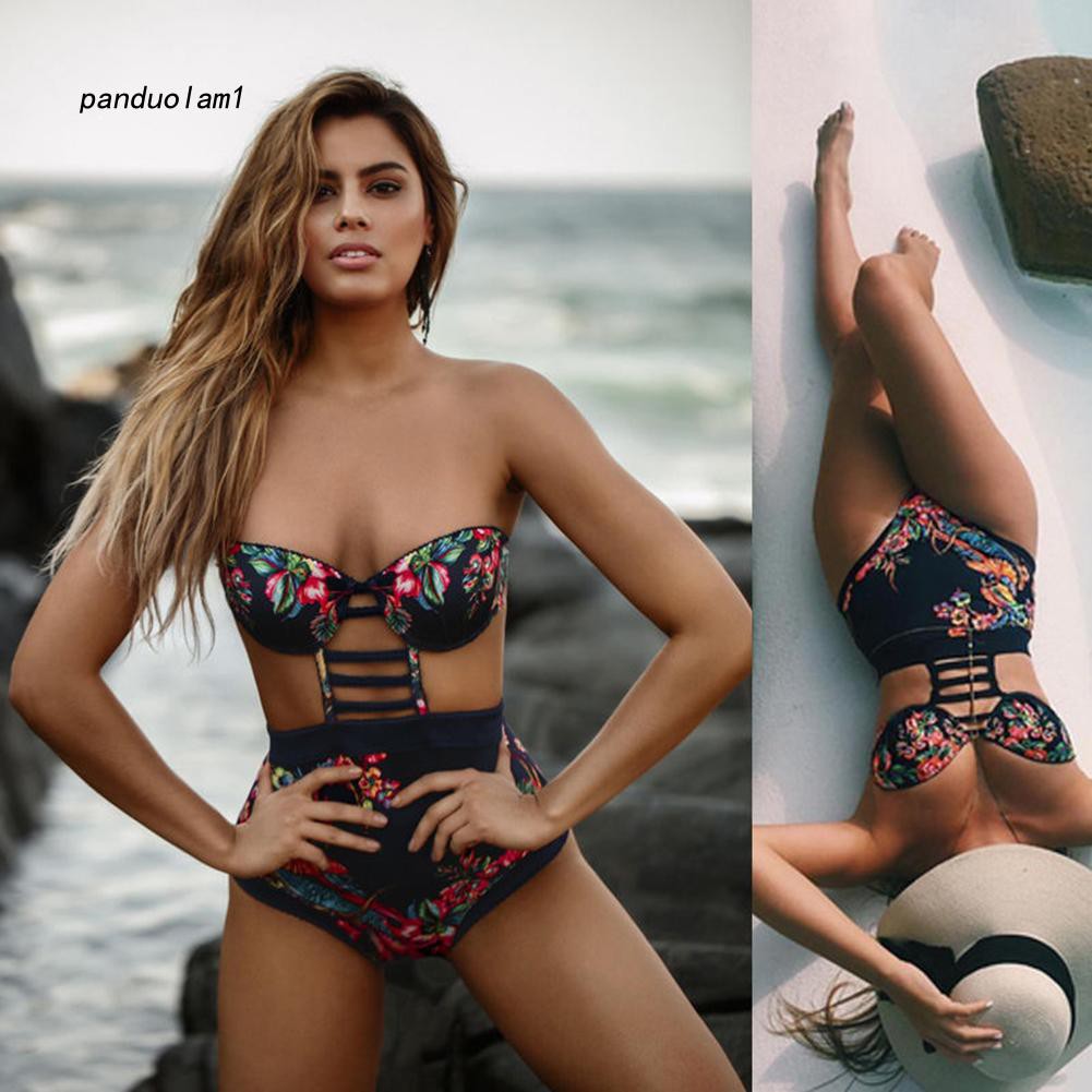 Set đồ bơi bikini 1 mảnh thiết kế không dây áo họa tiết chim hoa quyến rũ cho nữ | BigBuy360 - bigbuy360.vn