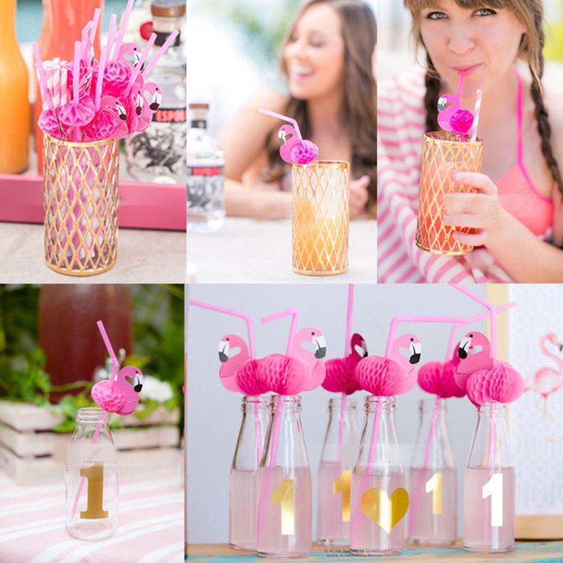 Set 10 Ống Hút Dùng Một Lần Họa Tiết Chim Hồng Hạc Dễ Thương