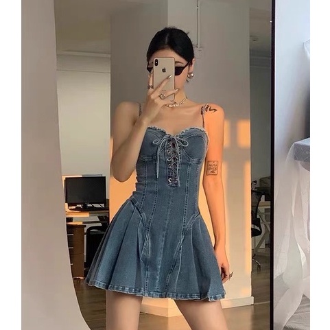 JV002 Váy bò 2 dây xếp ly sexy tôn dáng bó eo rút dây siêu đẹp vai trần nhấn eo Sẵn IB Giảm 30K