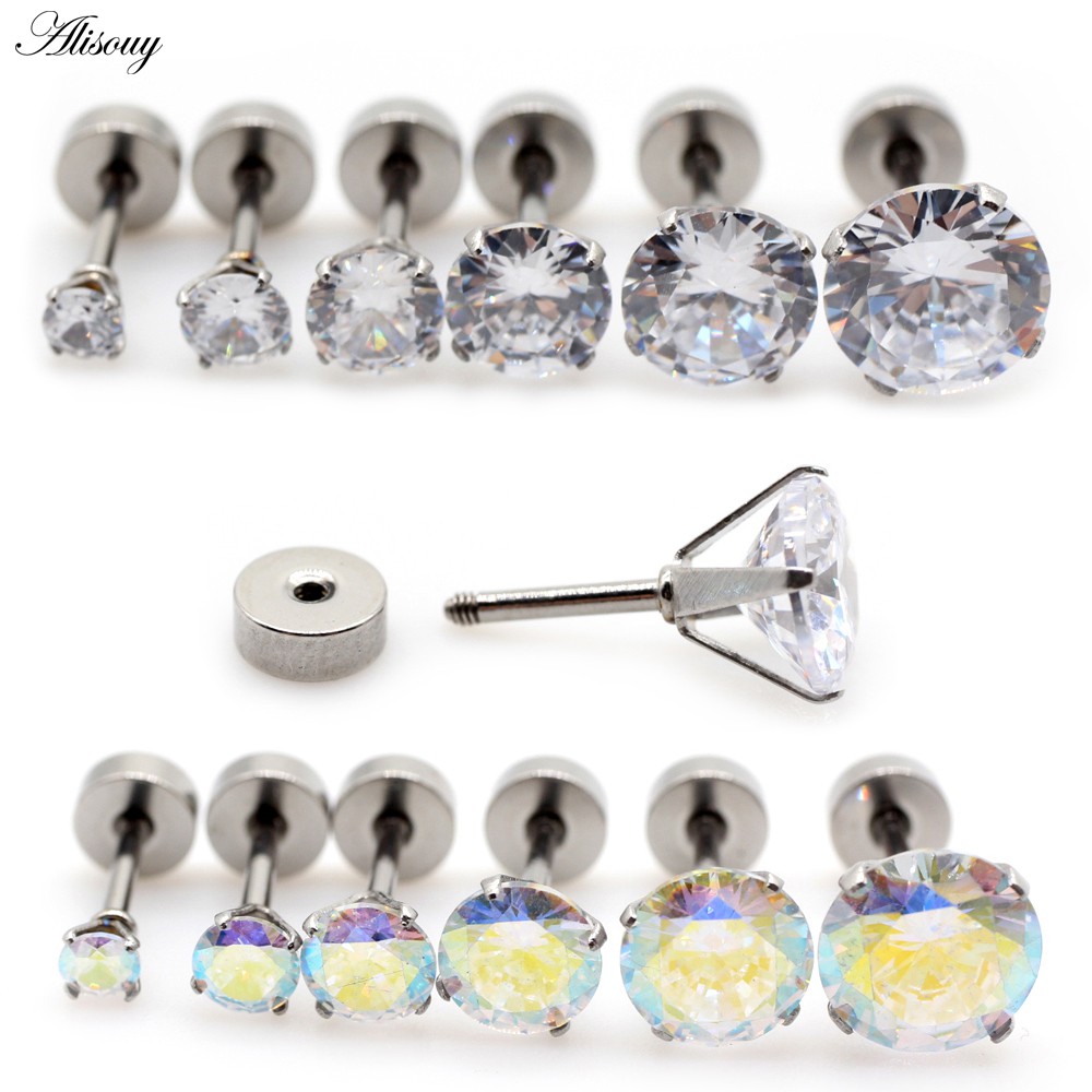 Alisouy 2 Chiếc Unisex Nam Nữ Tròn Pha Lê Zircon Thép Không Gỉ Bông Tai Barbell Tragus Sụn Xuyên Trang Sức