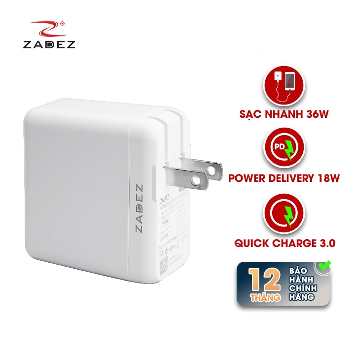 Củ sạc nhanh Zadez 2 cổng USB QC 3.0 và Type C PD 36W ZTA4231