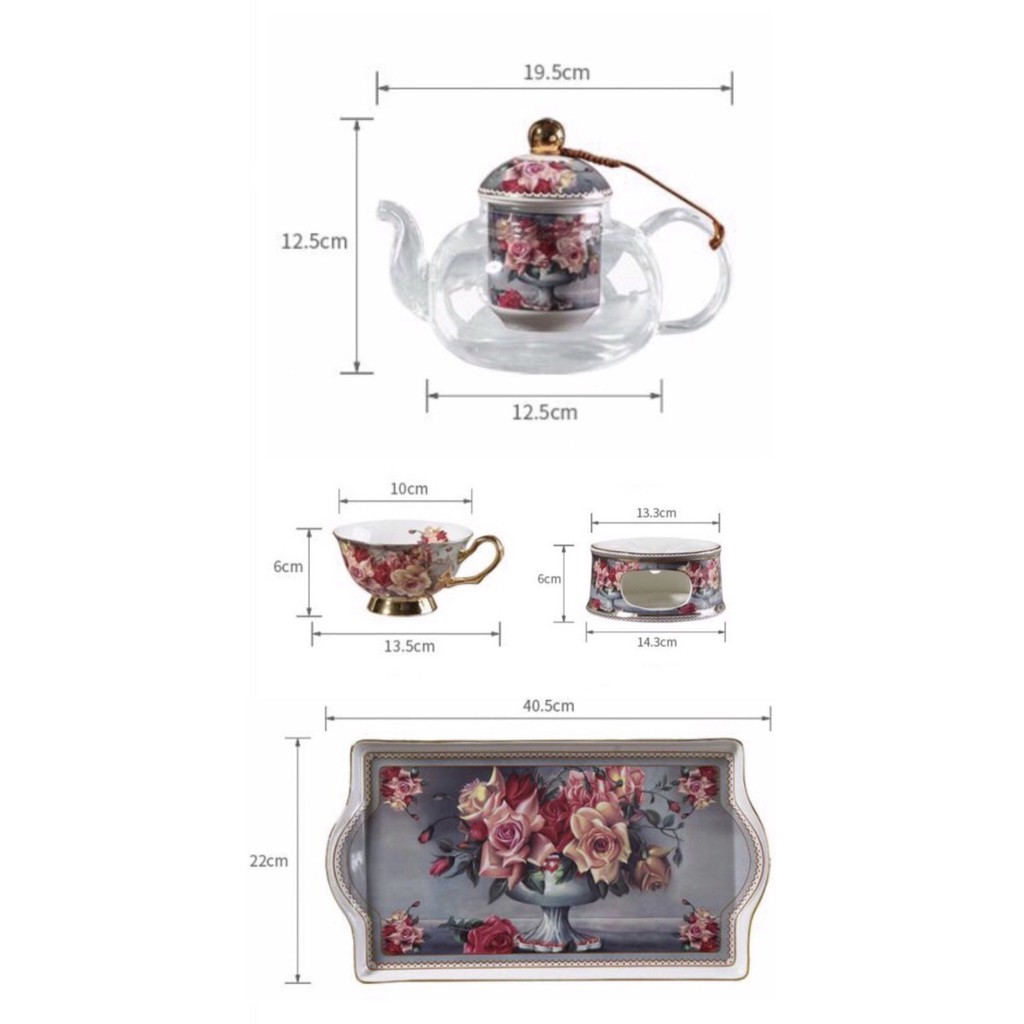 Bộ ấm chén đế nến hoa hồng đỏ (ấm thủy tinh) kèm khay,bộ ấm phong cách sang trọng,cốc uống trà,cà phê:7.125