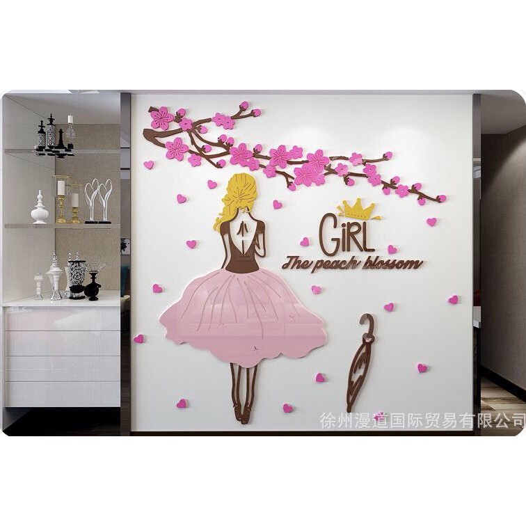 Tranh dán tường mica - cô gái hoa đào - trang trí shop quần áo, spa, tiệm nail, mi , phòng khách, phòng ngủ