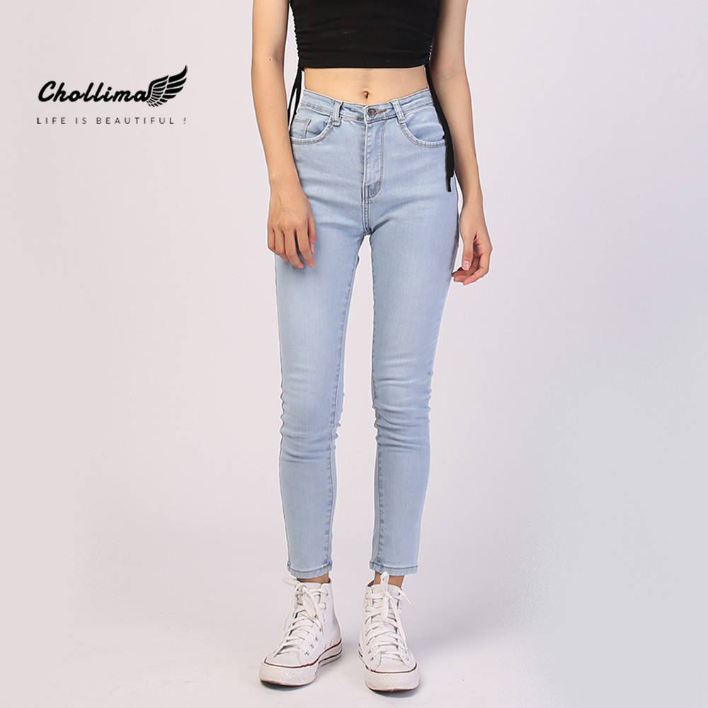 Quần jeans dài nữ co giãn Chollima trơn màu xanh trắng QD024 phong cách hàn quốc - Hàng mới về