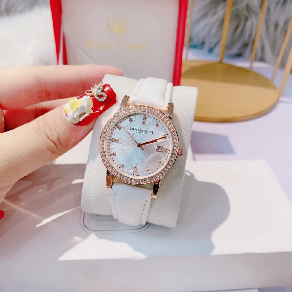 Đồng hồ nữ BEBR mặt tròn quai da viền đá sang trọng , da mềm bền hợp thời trang, chống nước, bảo hành 1 năm, dong ho nu