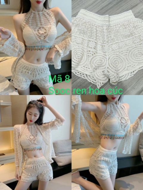 Quần Short ren dệt kim Quảng châu mặc nhà mặc đi biển chun lưng cao dễ mặc - đồ bikini đi biển