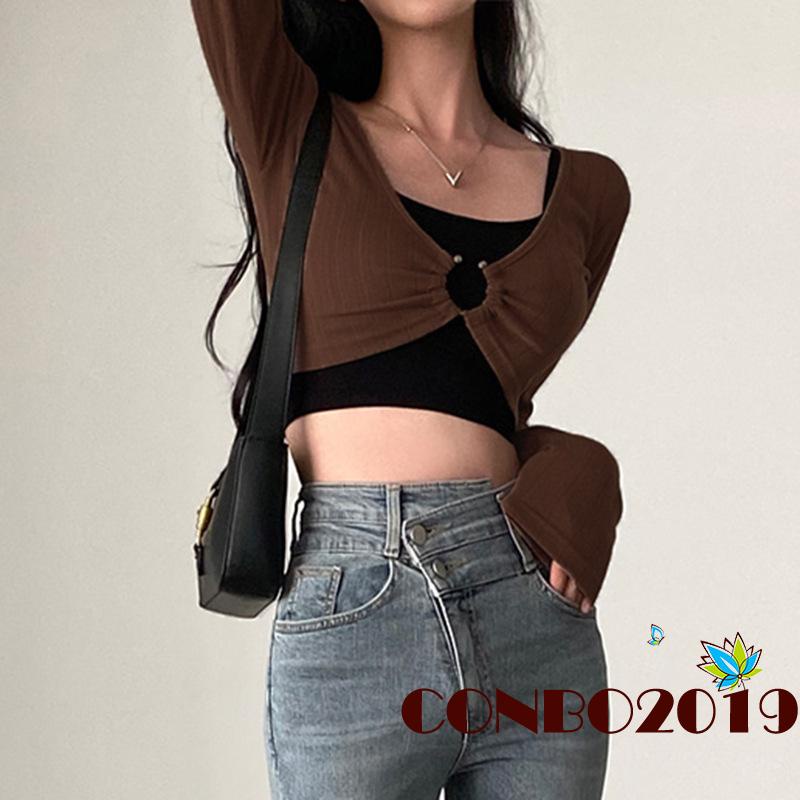 Set Đồ 2 Món Gồm Áo Croptop Hai Dây Màu Trơn + Áo Tay Dài Cổ Chữ U Sâu Gợi Cảm Cho Nữ