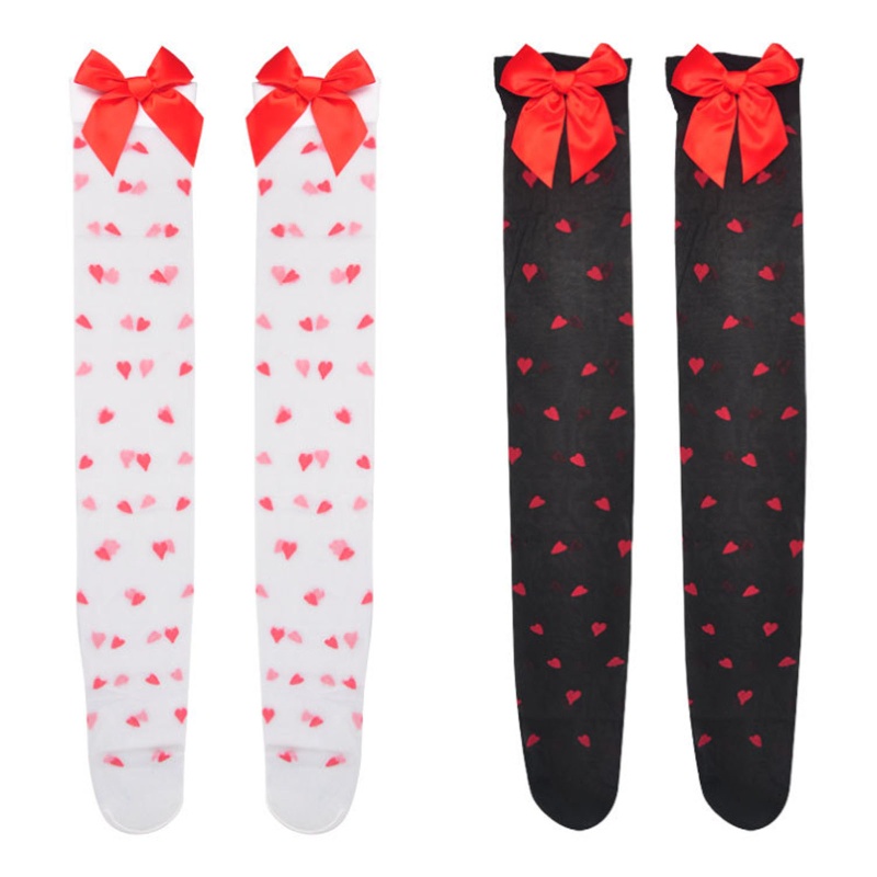 Xiangbao Vớ Dài Qua Gối Vải Lụa Đính Nơ To Họa Tiết Chấm Bi Trái Tim Ngọt Ngào Phong Cách Lolita Gợi Cảm Cho Nữ