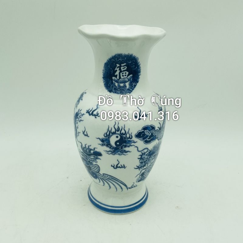 Lọ cắm hoa thờ miệng lượn men lam rồng phượng