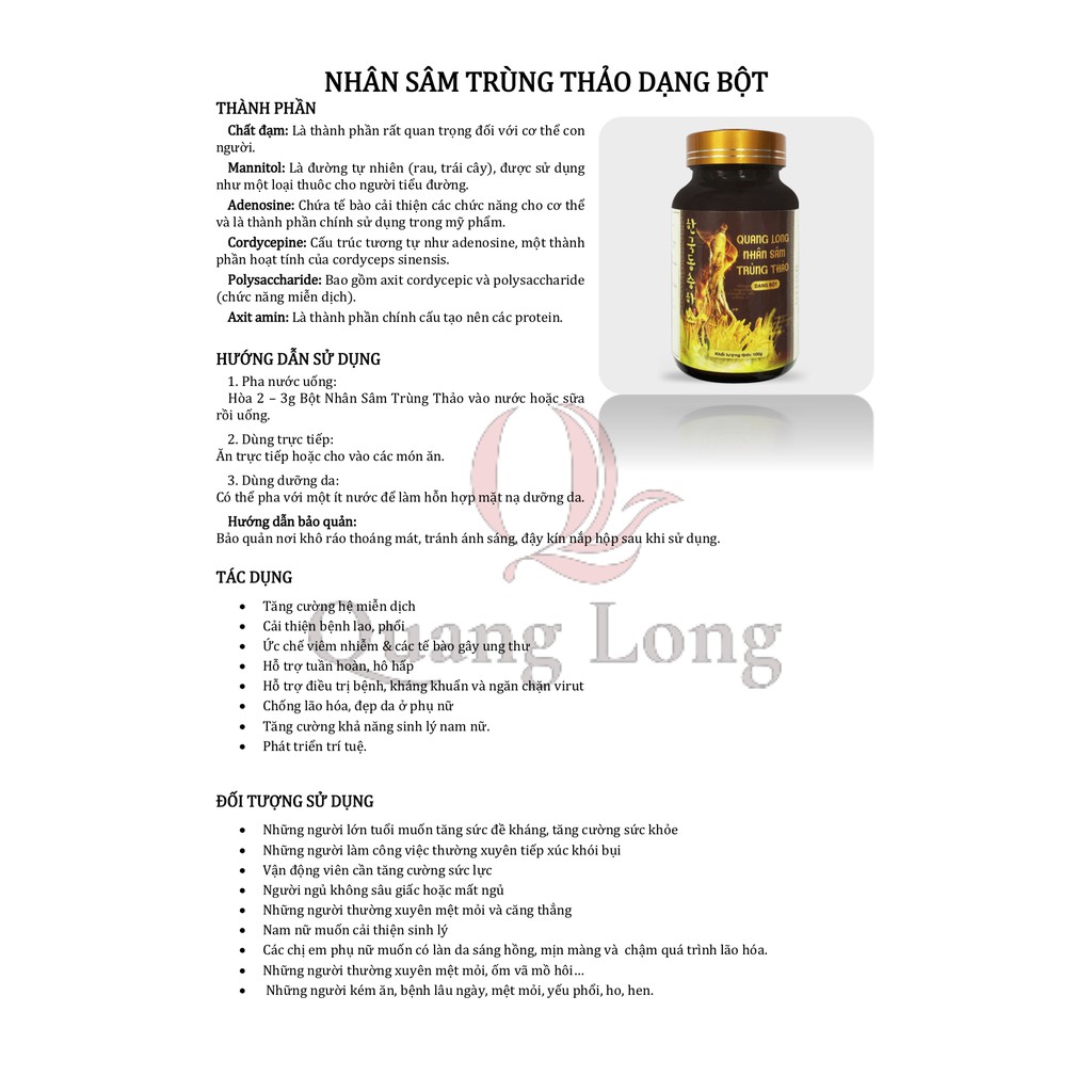 Bột Đông trùng hạ thảo nhân sâm - Quang Long nhân sâm trùng thảo hỗ trợ sức khỏe người già