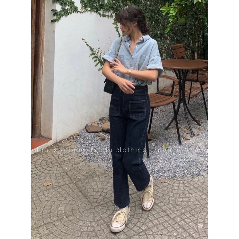 Quần Jean Ống Đứng Nữ TULIDU Túi Ngược Lưng Cao Độc Đáo Co Giãn 4 Chiều Quần ống đứng