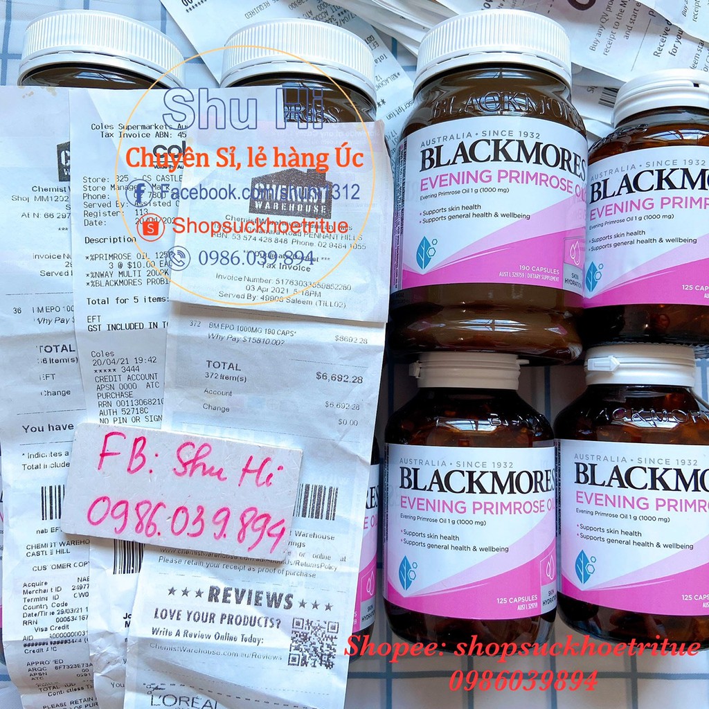 (Mẫu mới) Tinh dầu hoa anh thảo Blackmores Evening Primrose Oil 190 viên - Úc đủ bill