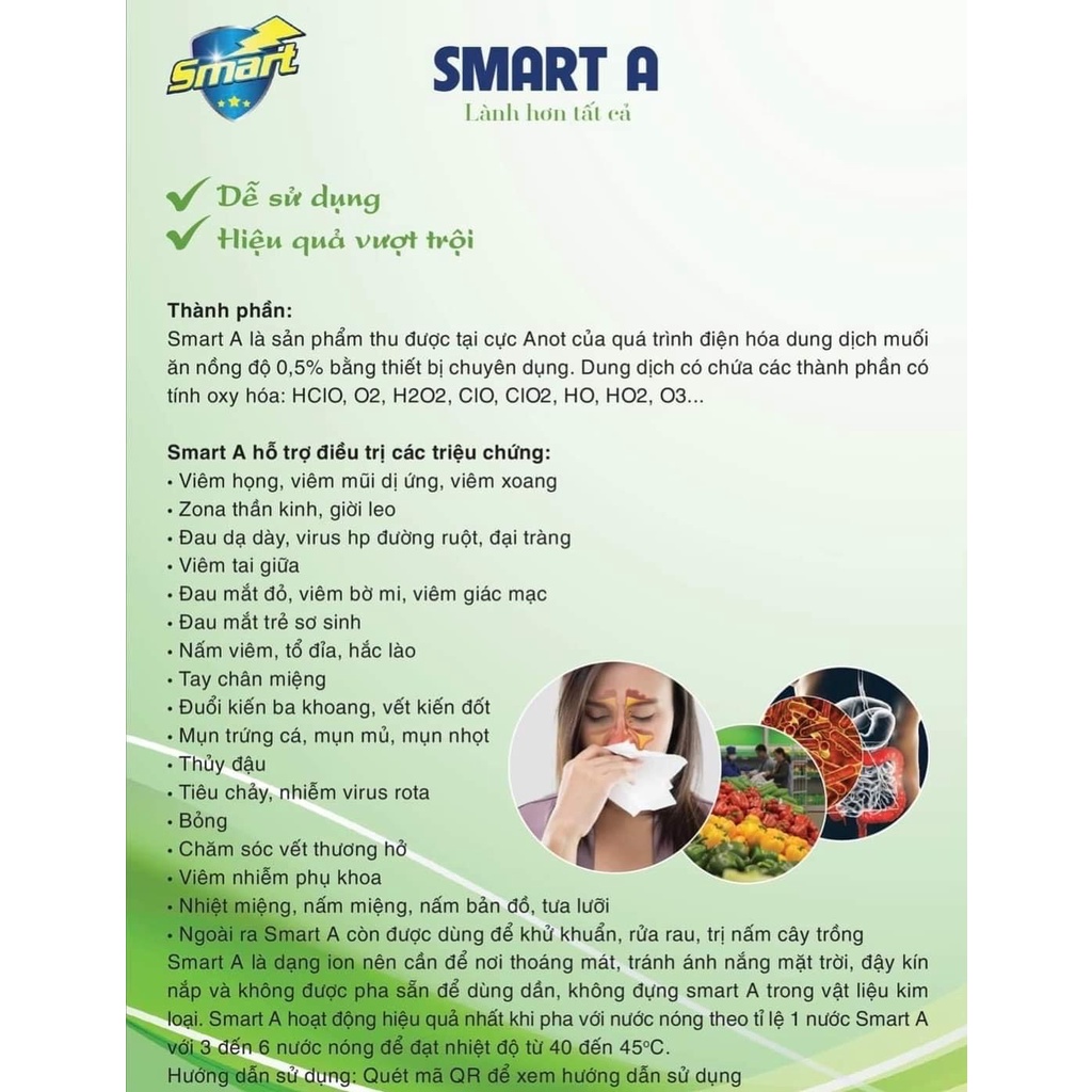 Dung dịch sát khuẩn Smart A 500ml - Nước anolyte khử khuẩn da, vệ sinh mũi họng - An toàn cho family
