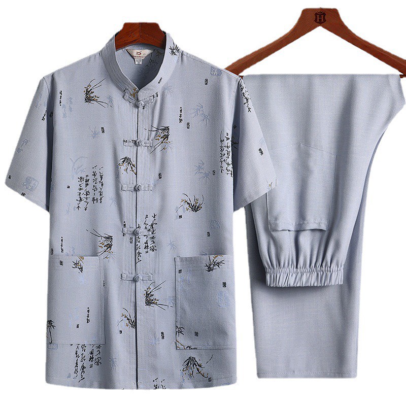 Bộ quần áo mặc nhà cho ông, cho bố BD02 set bộ áo cộc quần dài chất đũi mộc phong cách sang trọng