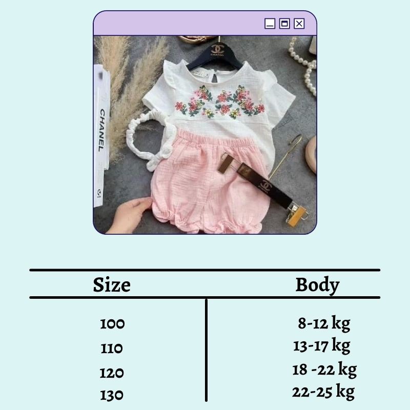 Đồ bộ trẻ em cho bé gái set 3 món áo vải đũi ngực thêu hoa quần hồng kèm Tuban cho bé JIMADO AB86521