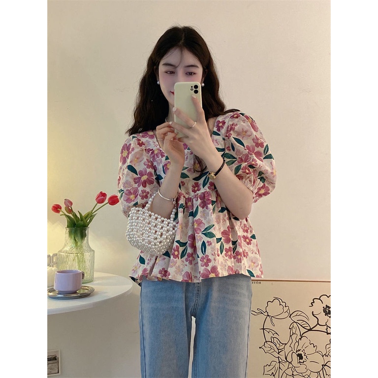 Áo Sơ Mi Cổ Vuông Họa Tiết Hoa Thời Trang Mùa Hè Dễ Thương Cho Nữ