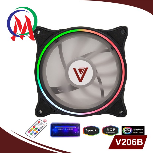 Combo bộ 3 Fan led RGB 2 mặt VSP V206 / V206B / V207 +Hub + Remote 12cm cho máy tính