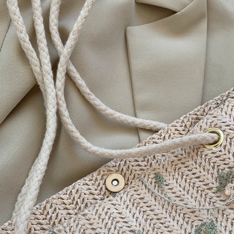 Túi cói đeo vai sức chứa lớn phối ren thêu hoa LUHAZO phong cách phương tây thời trang cho nữ K4T5-3