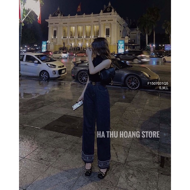 Về sll  🌺 Quần jean dài ống suông lai phối viền thêu chữ lưng cao! HÀNG VNX