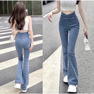 Quần jeans ống loe cạp cao eo đàn hồi nữ