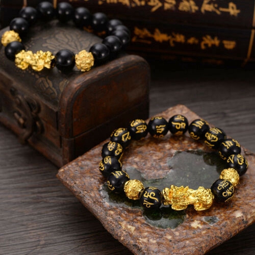 Pixiu Animal Gold Alloy Chinese Dragon Bracelet Black Beads Wealth Lucky Six Words Charms Jewelry