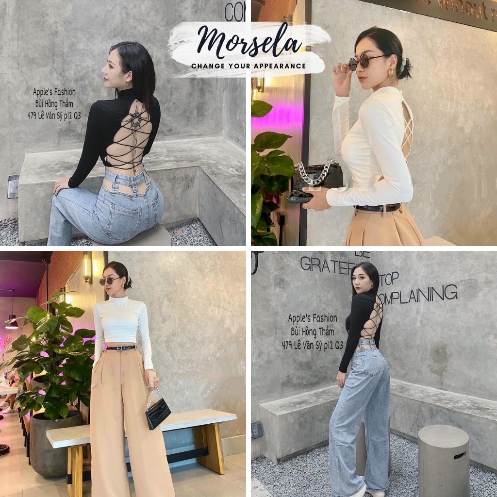 Áo croptop nữ tay dài cổ lọ đan lưng sexy - Áo crop top nữ dài tay - Morsela